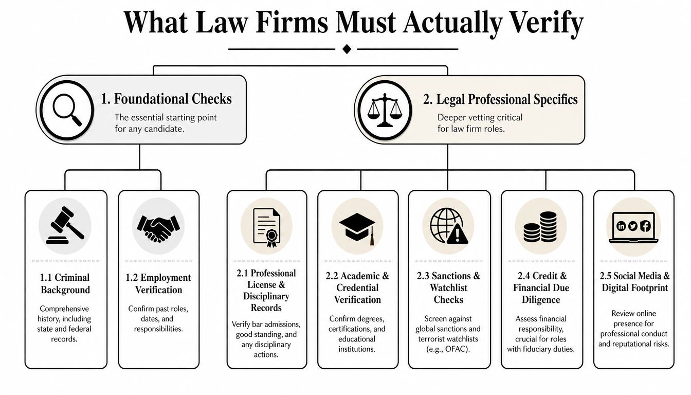 An infographic detailing essential background verification steps for law firms to vet potential employees.