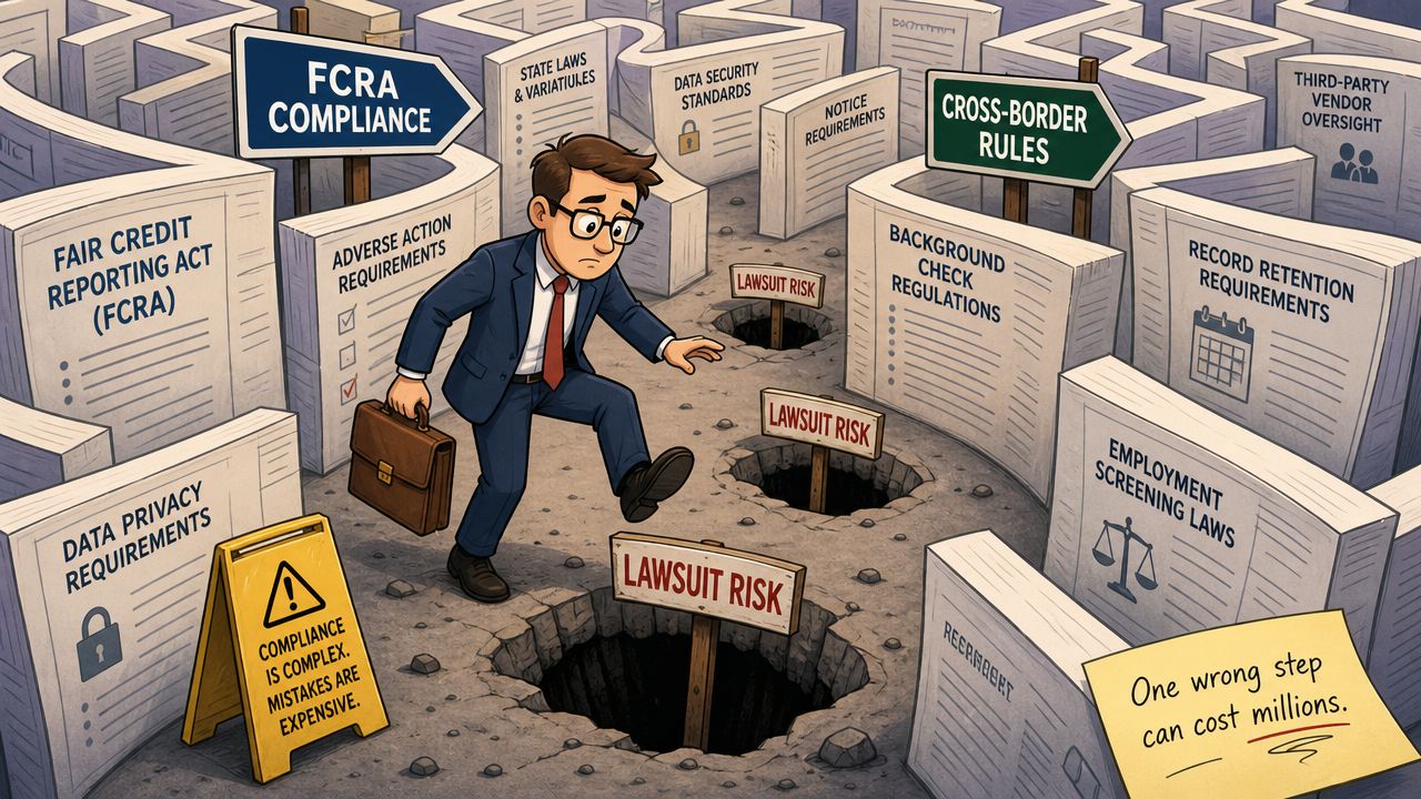 A businessman carefully navigating a maze filled with legal compliance documents and deep pits representing lawsuit risks.