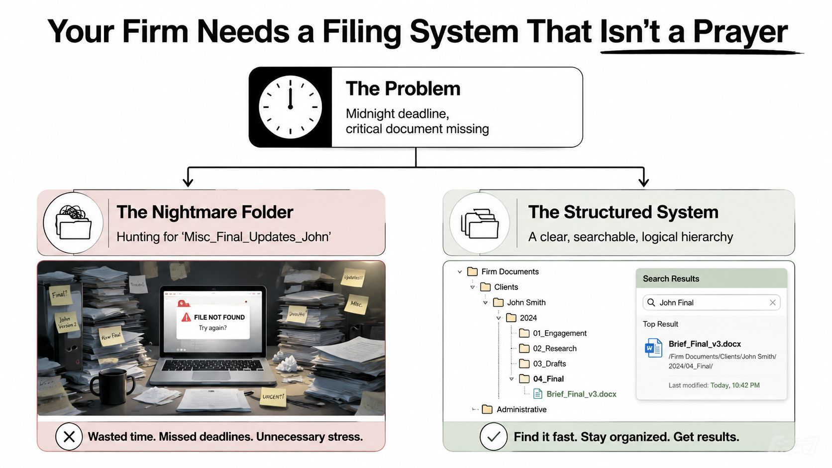 A comparison between a disorganized digital filing nightmare and an efficient, structured file organization system.