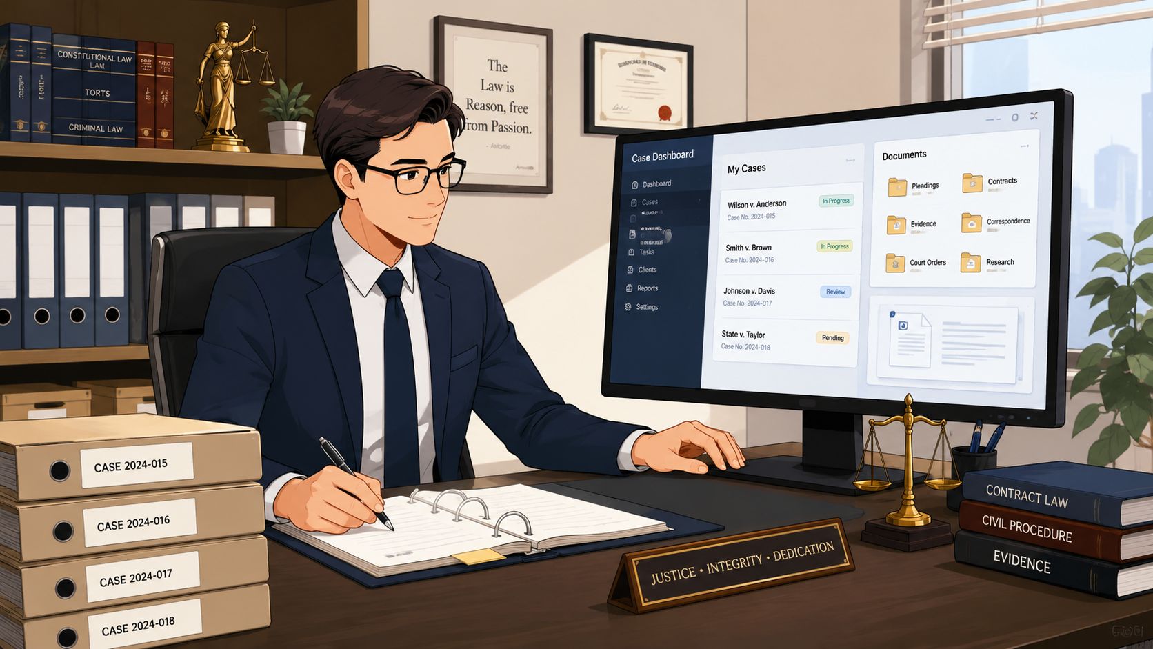 A professional lawyer reviewing documents and managing digital case files at his organized office desk.