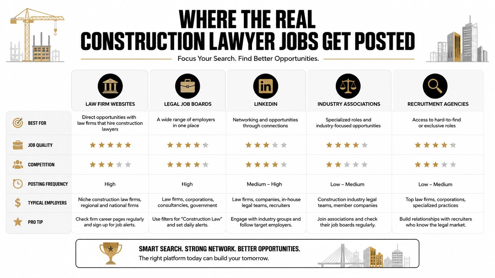 A comparative chart showing top channels to find construction lawyer jobs, including websites, LinkedIn, and recruitment agencies.