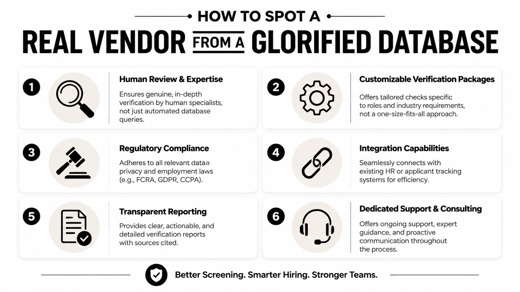 An infographic detailing six essential signs to distinguish a high-quality credential verification service from basic databases.