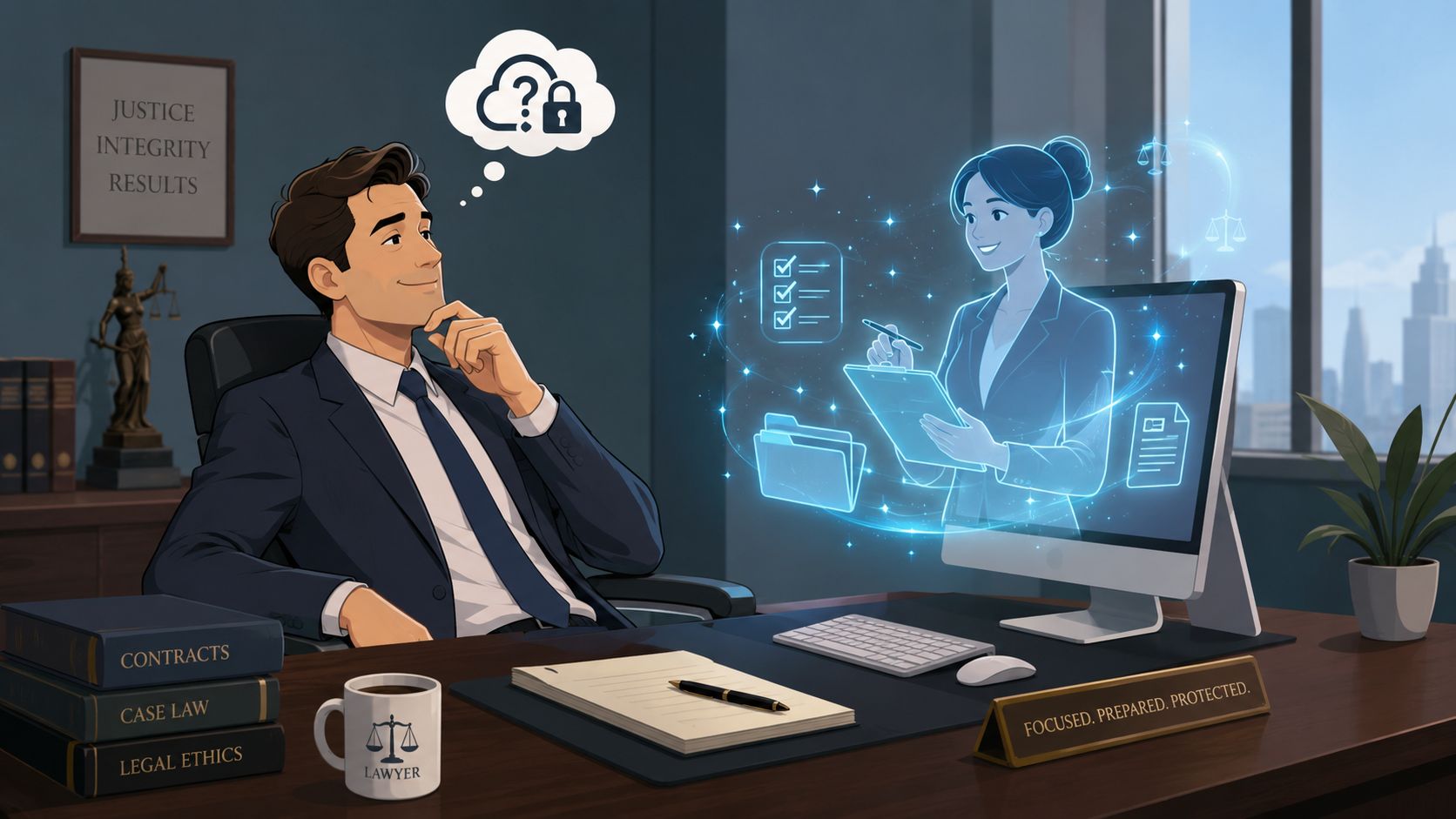 A lawyer sits at his desk contemplating digital data security protocols while viewing a holographic assistant.