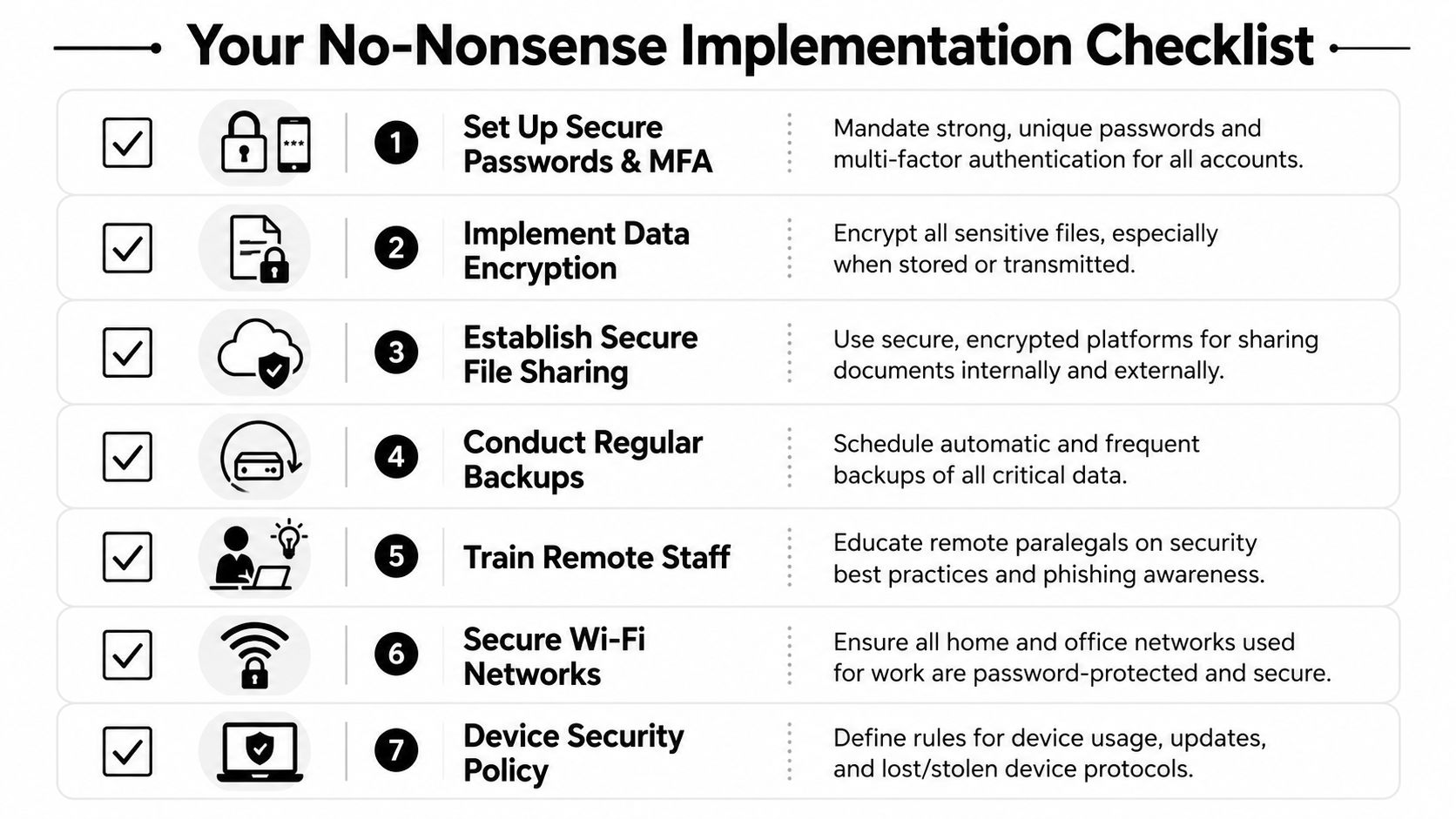 A checklist for implementing data security protocols including passwords, encryption, backups, training, and network security measures.