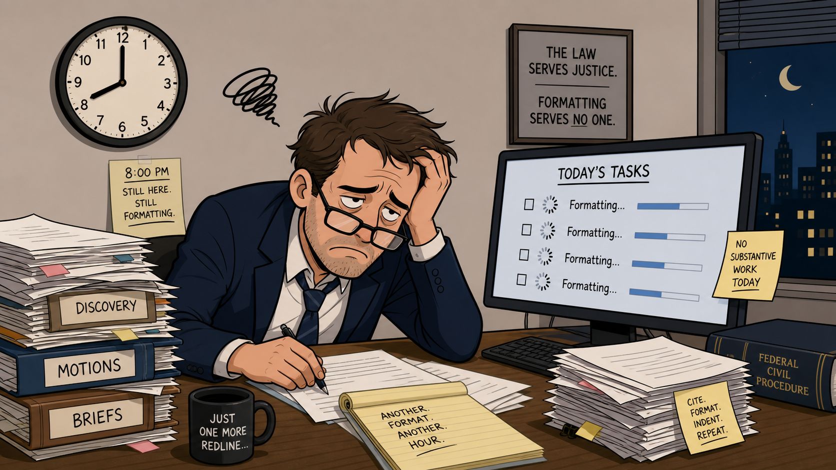 A tired lawyer works late at night surrounded by stacks of legal documents and repetitive formatting tasks.