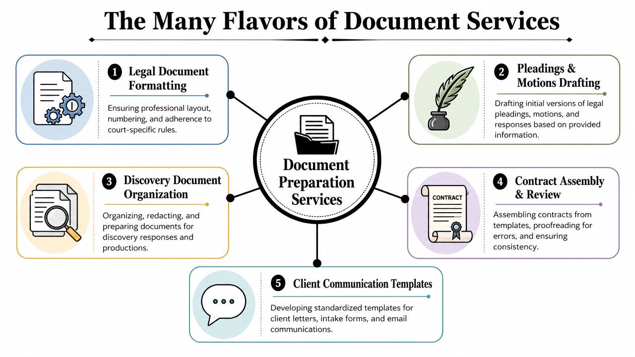 A diagram illustrating five types of legal document preparation services including formatting, drafting, organization, assembly, and communication.