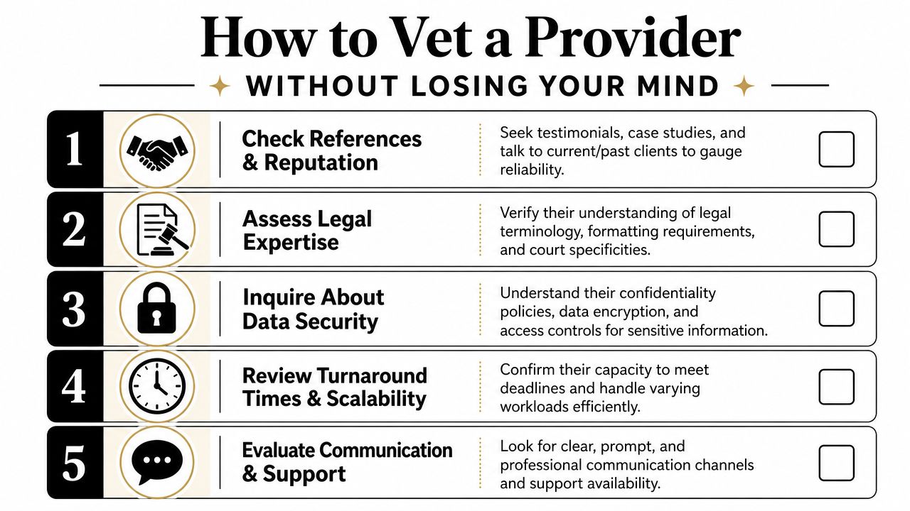 A checklist titled How to Vet a Provider, detailing five essential steps for evaluating professional service providers.