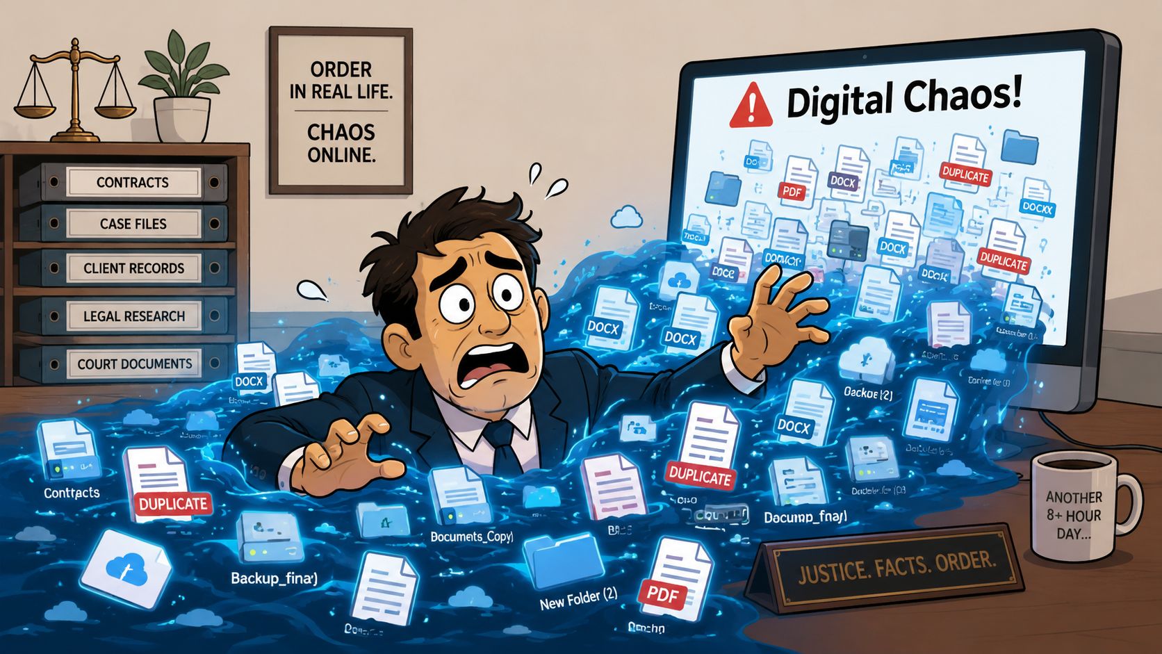 A professional man drowning in digital files and folders spilling out from a computer monitor screen.