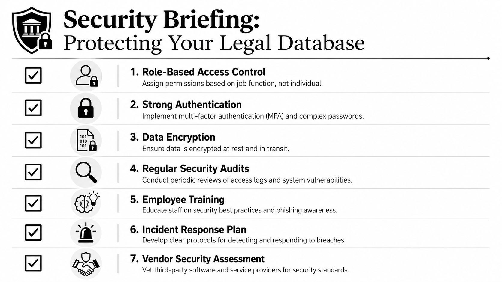 A checklist infographic titled Security Briefing outlining seven essential steps for protecting a legal database.