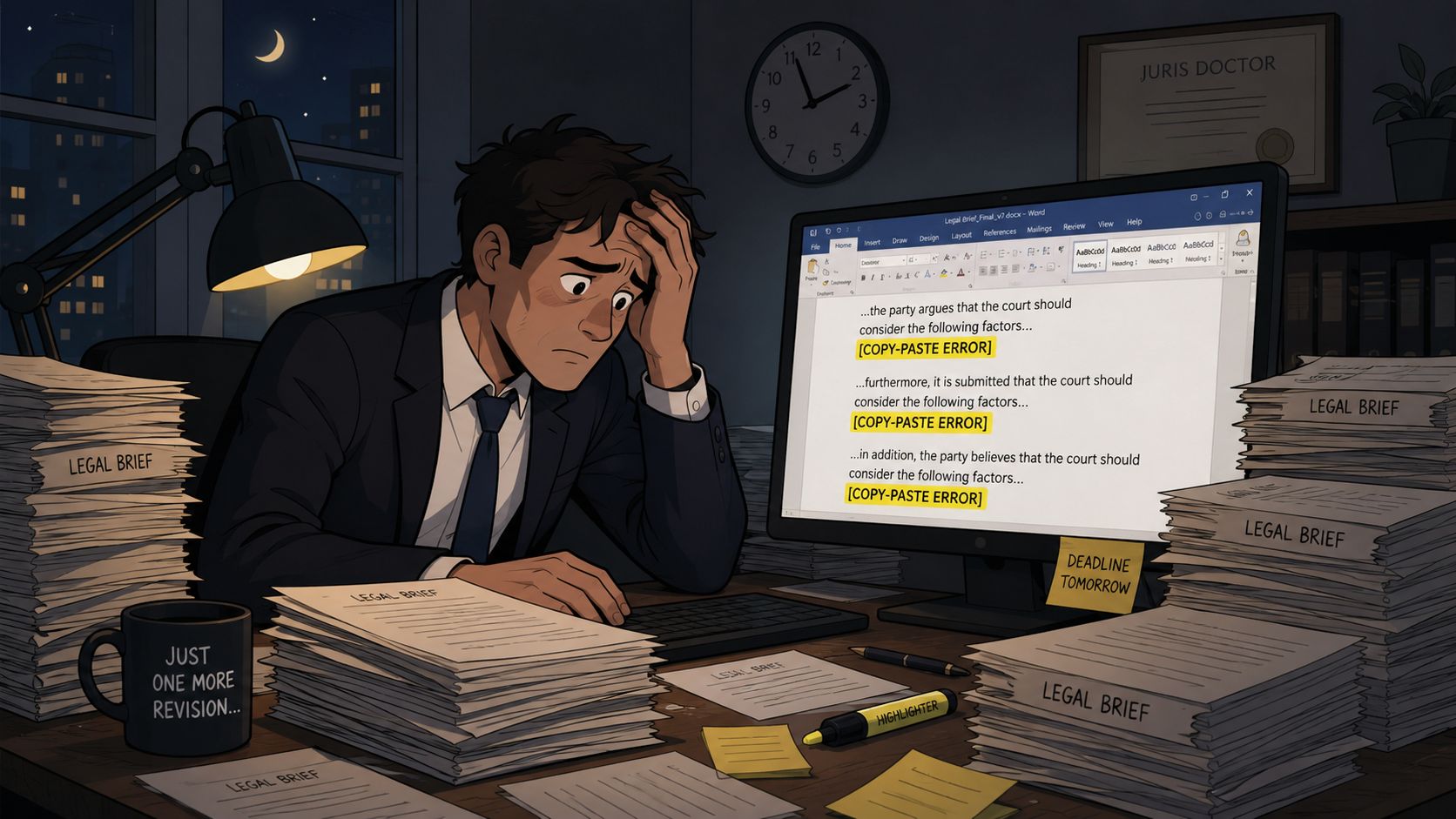 A stressed lawyer working late at night on legal documents surrounded by stacks of paper files.