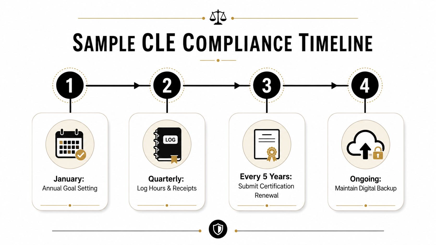 A diagram illustrating a four-step CLE compliance timeline with calendar, log, certification, and cloud backup icons.