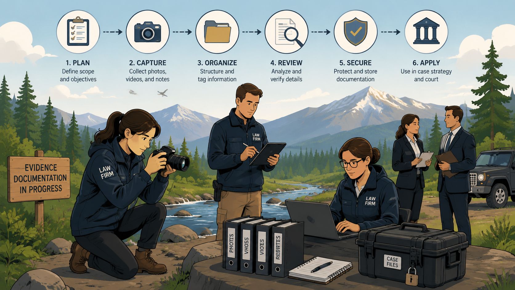 Law firm investigators documenting evidence in the wilderness with a step-by-step process flow chart above.