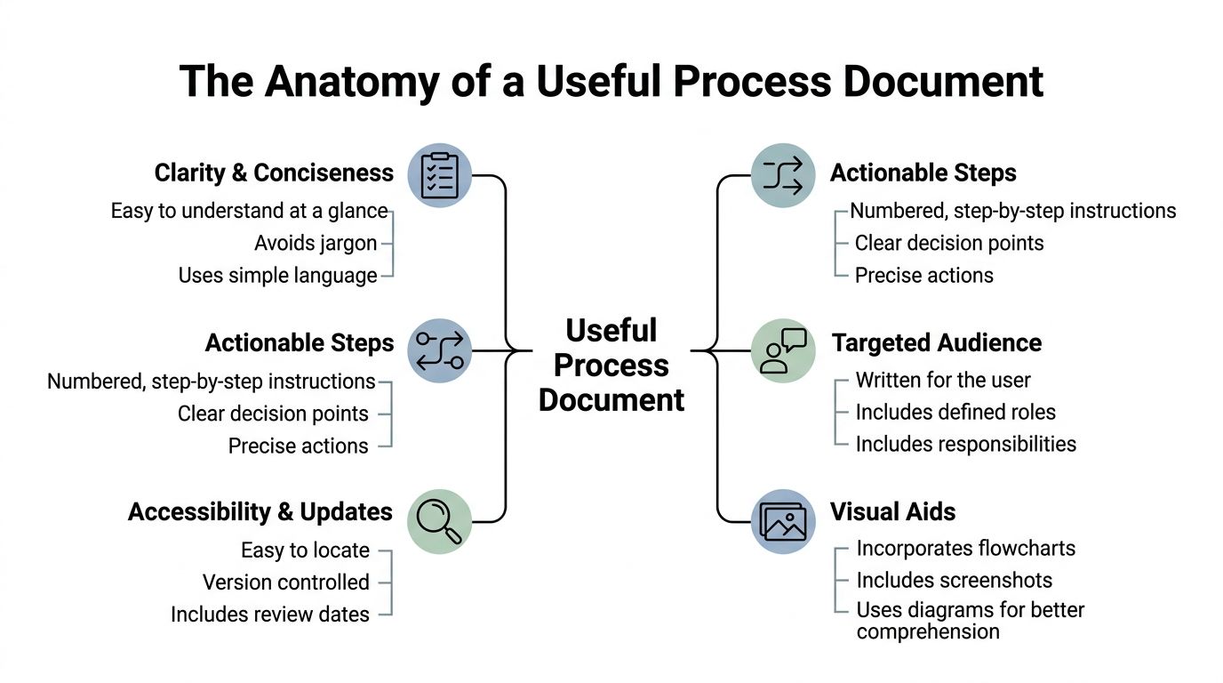 A diagram outlining key components of a useful process document including clarity, actionable steps, and visual aids.