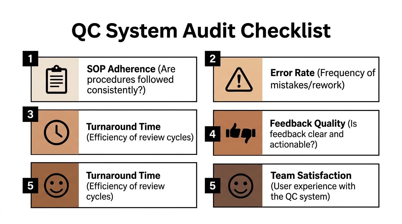 A structured checklist of six essential criteria for auditing a corporate quality control system effectively.