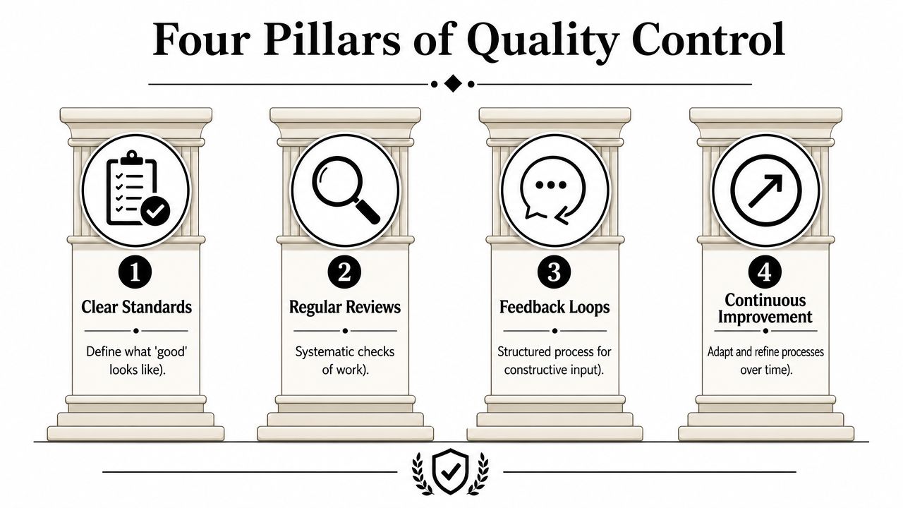An infographic titled Four Pillars of Quality Control illustrating clear standards, regular reviews, feedback loops, and improvement.