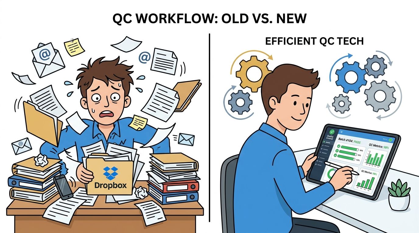 A comparison showing a stressed employee overwhelmed by paperwork versus a calm professional using digital software.