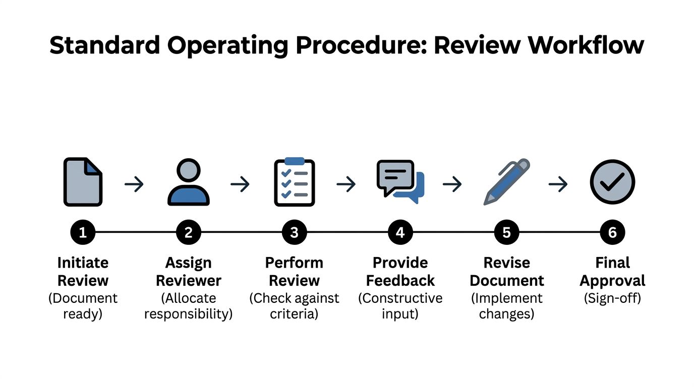 A diagram illustrating a six-step standard operating procedure for a document review workflow process.