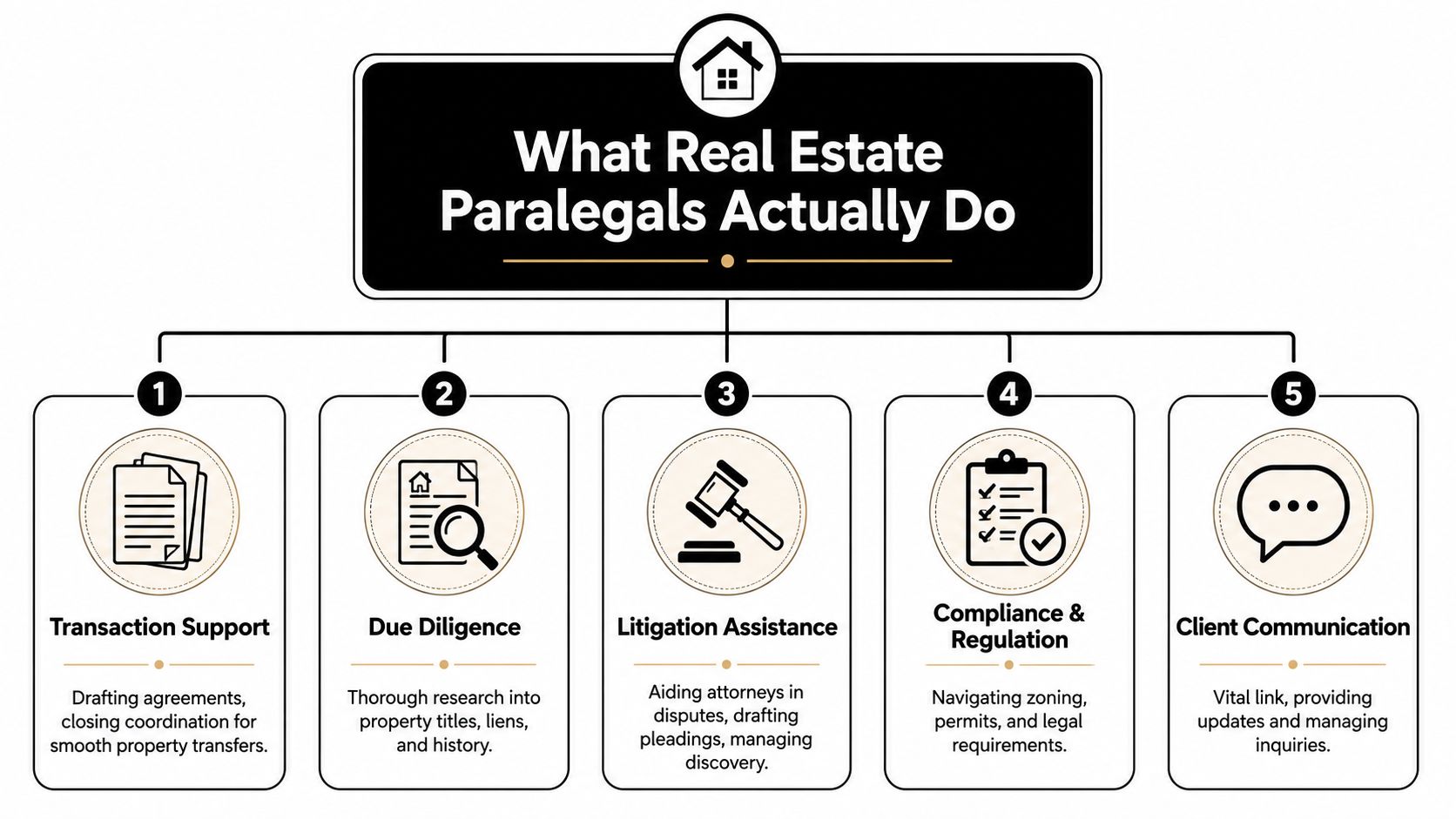 An infographic titled What Real Estate Paralegals Actually Do, detailing five key job responsibilities with icons.