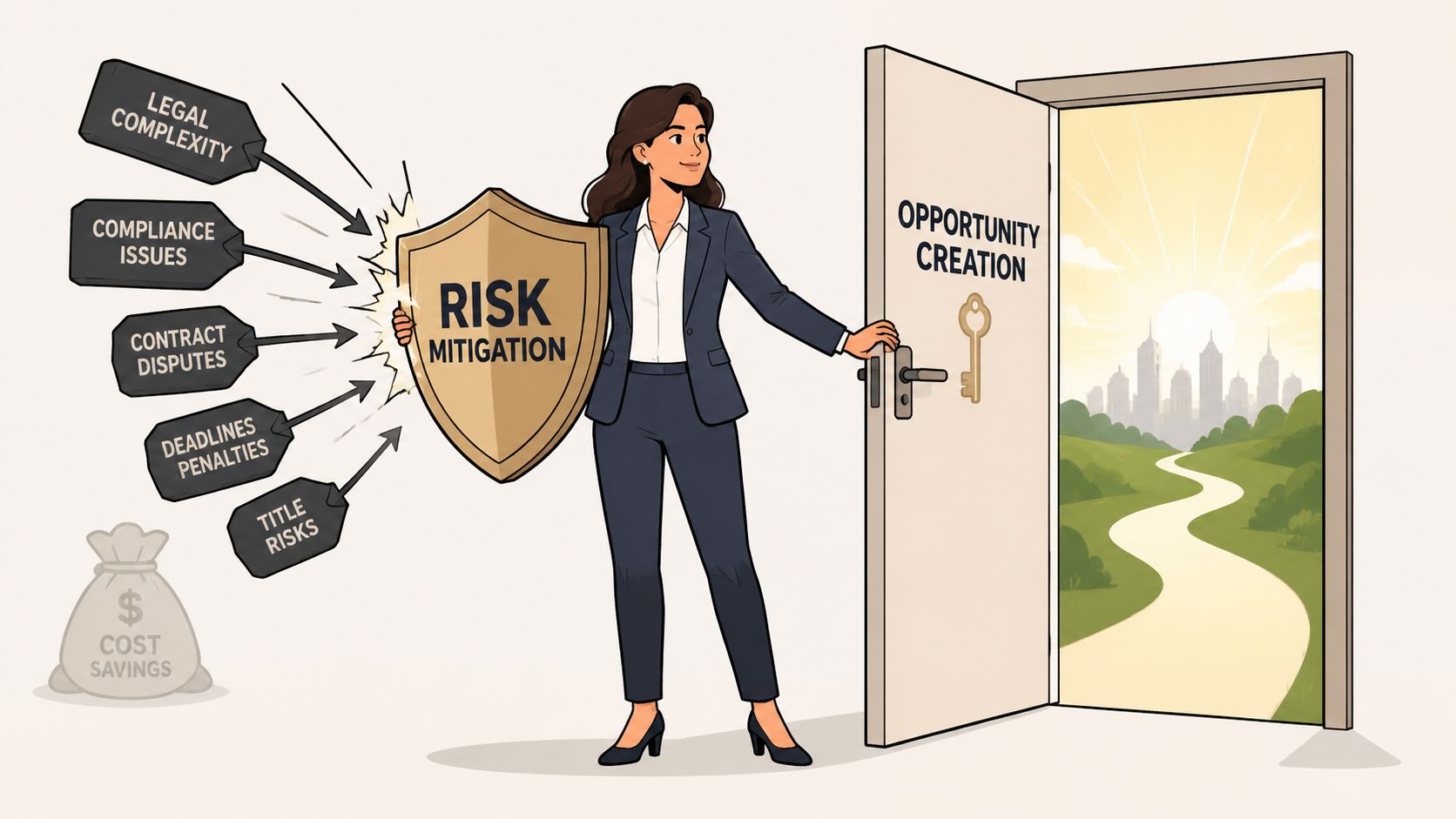 A professional business woman holding a shield labeled risk mitigation to block legal obstacles while opening a door.