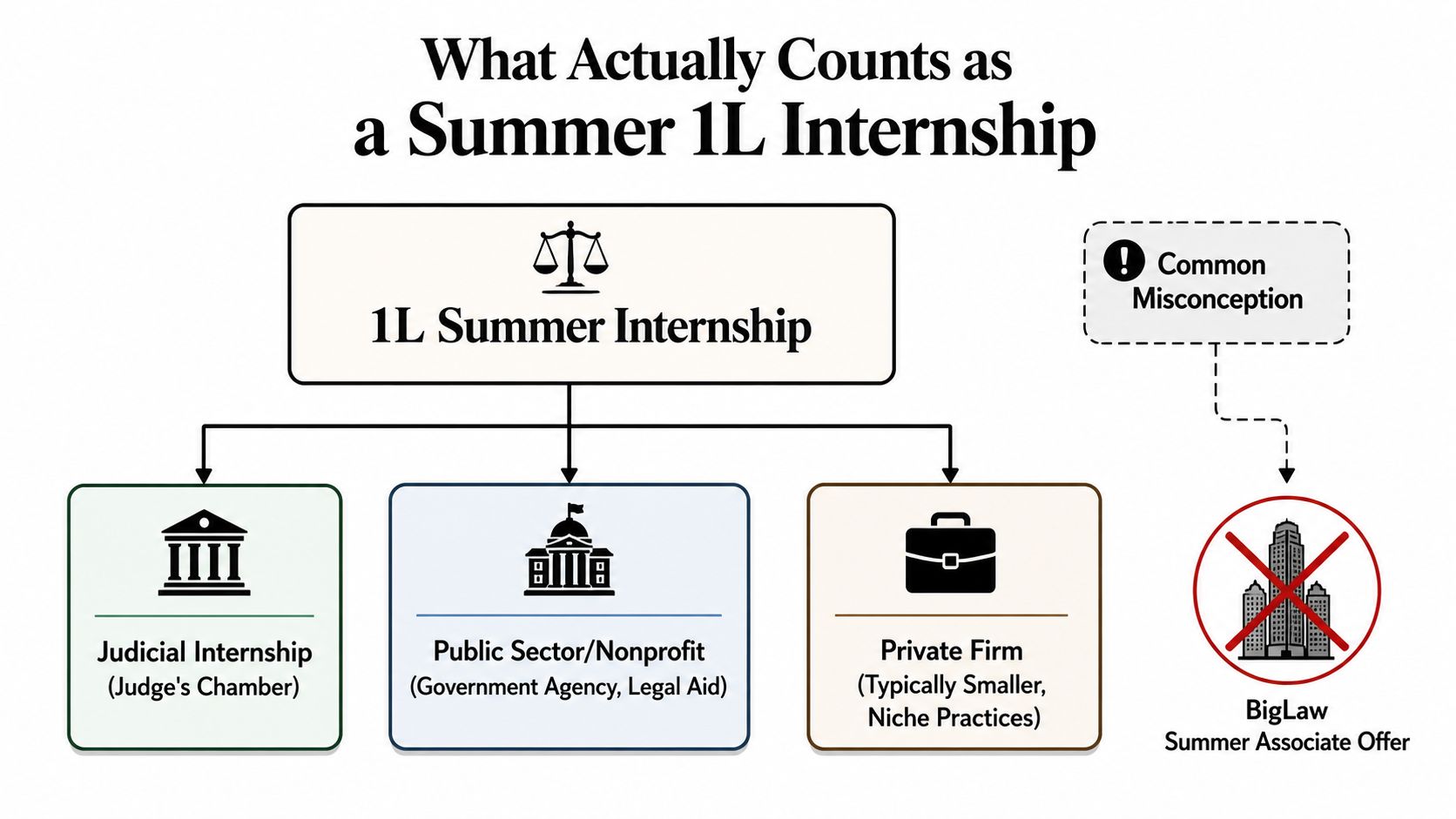 A diagram outlining acceptable types of law school 1L summer internships and common misconceptions regarding employment.