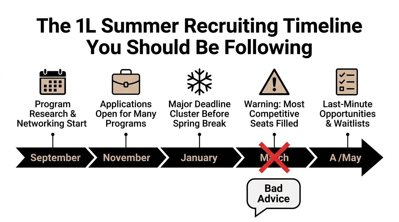 A timeline graphic outlining key months for 1L summer law student recruiting and internship application deadlines.
