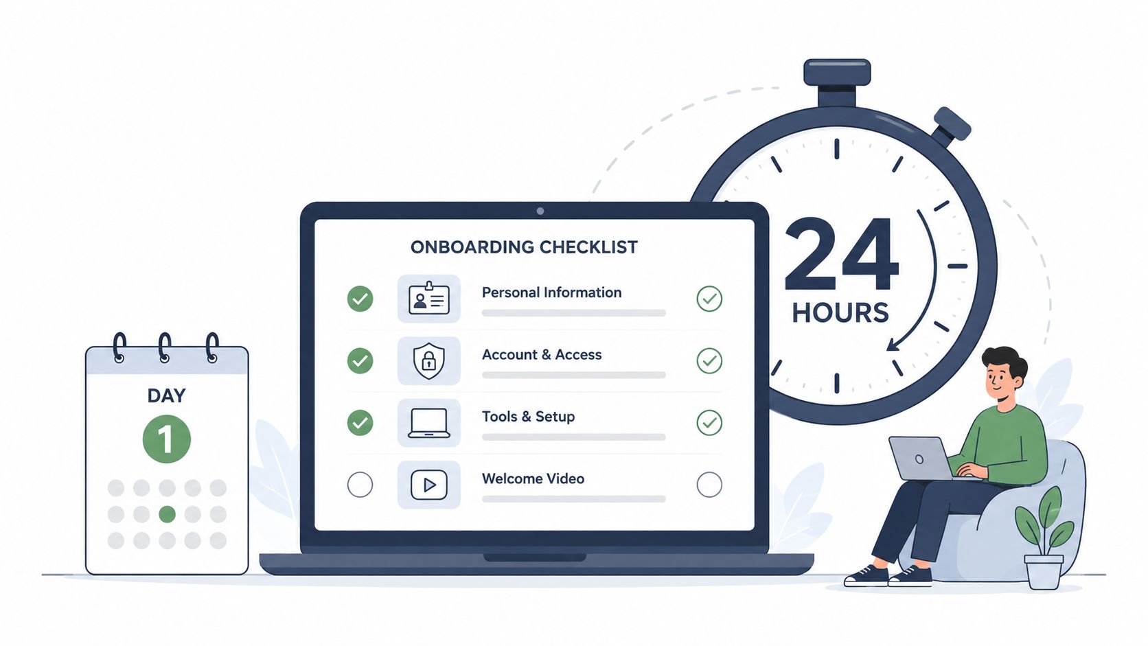 A digital illustration showing an employee completing an onboarding checklist on a laptop within twenty-four hours.