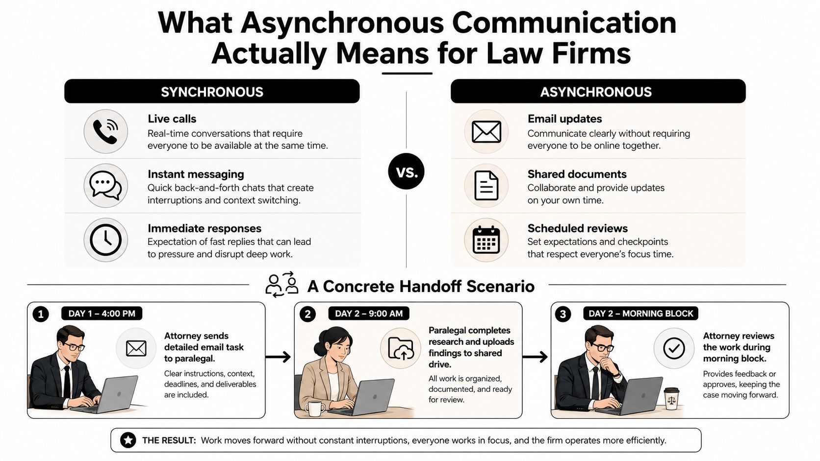 An infographic illustrating the benefits of asynchronous communication over synchronous methods in a professional law firm setting.