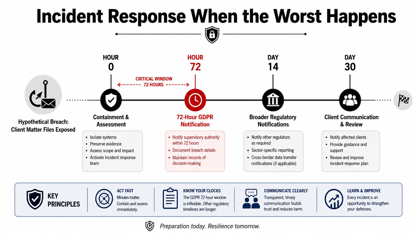 An infographic detailing a 30-day incident response timeline for a data breach, including GDPR compliance and reporting.