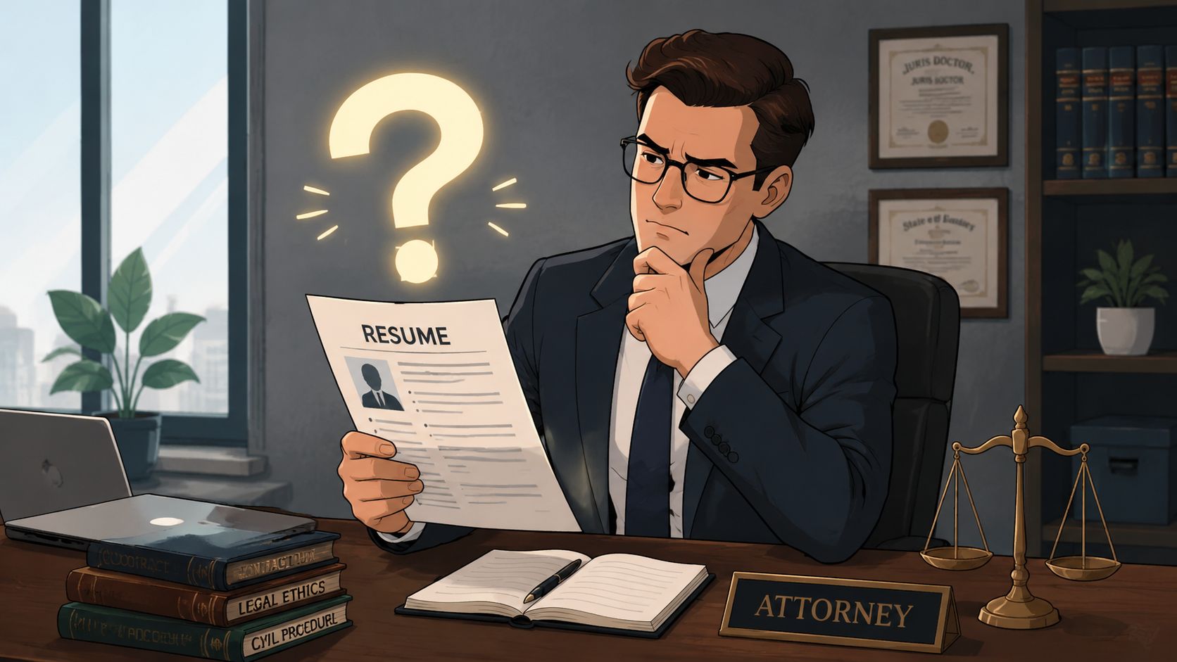 A professional attorney sitting at his desk, thoughtfully reviewing a job candidate resume with a question mark above.