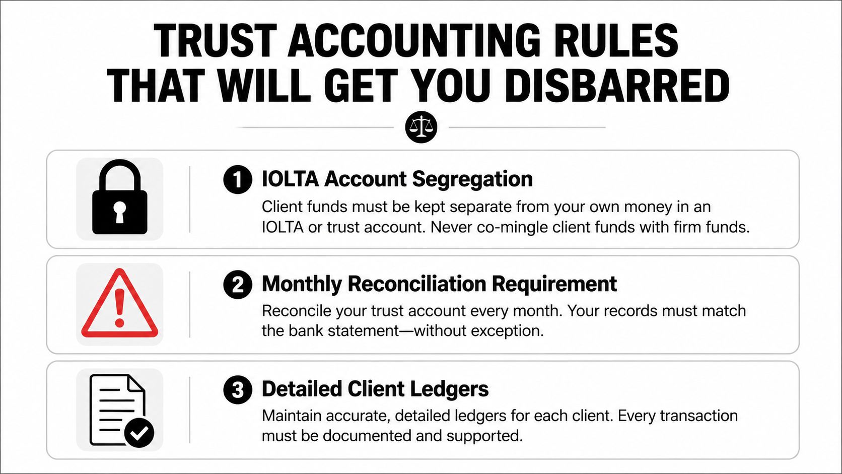 An infographic titled Trust Accounting Rules listing three essential requirements for law firms to avoid disbarment.