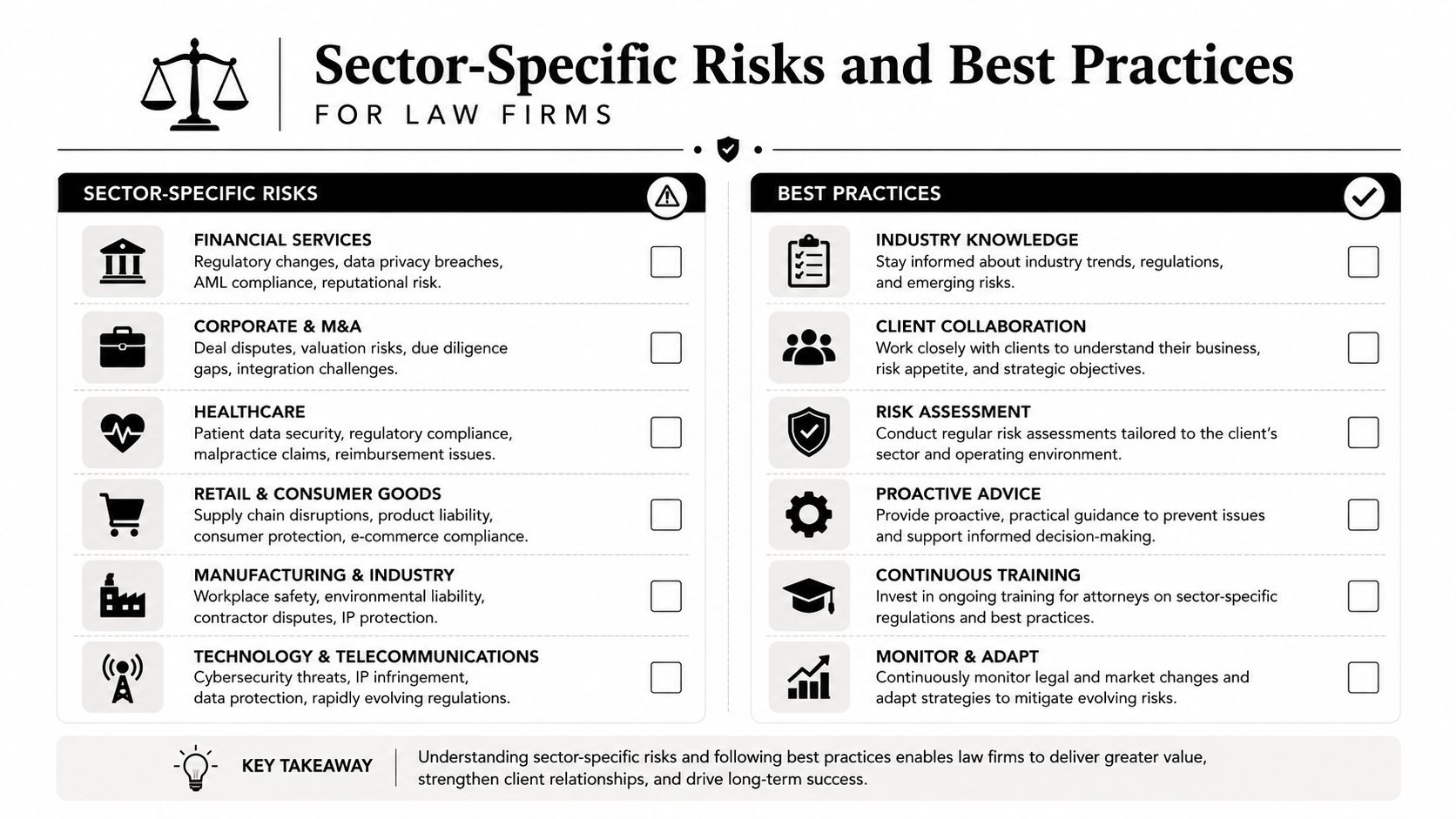 A table outlining sector-specific risks for law firms and best practices to manage client legal compliance.