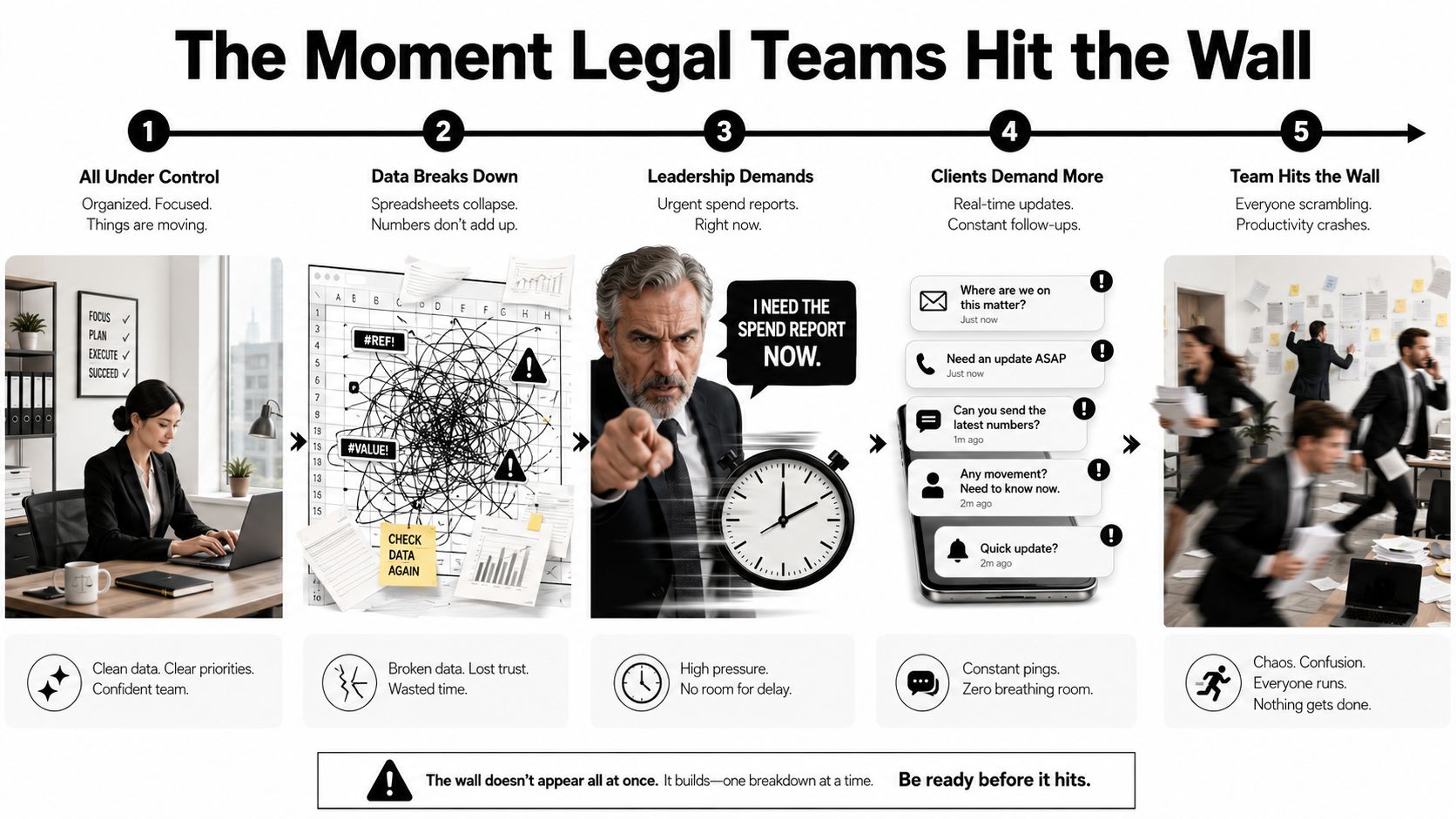 An infographic illustrating the five stages of burnout in legal teams as work processes break down.