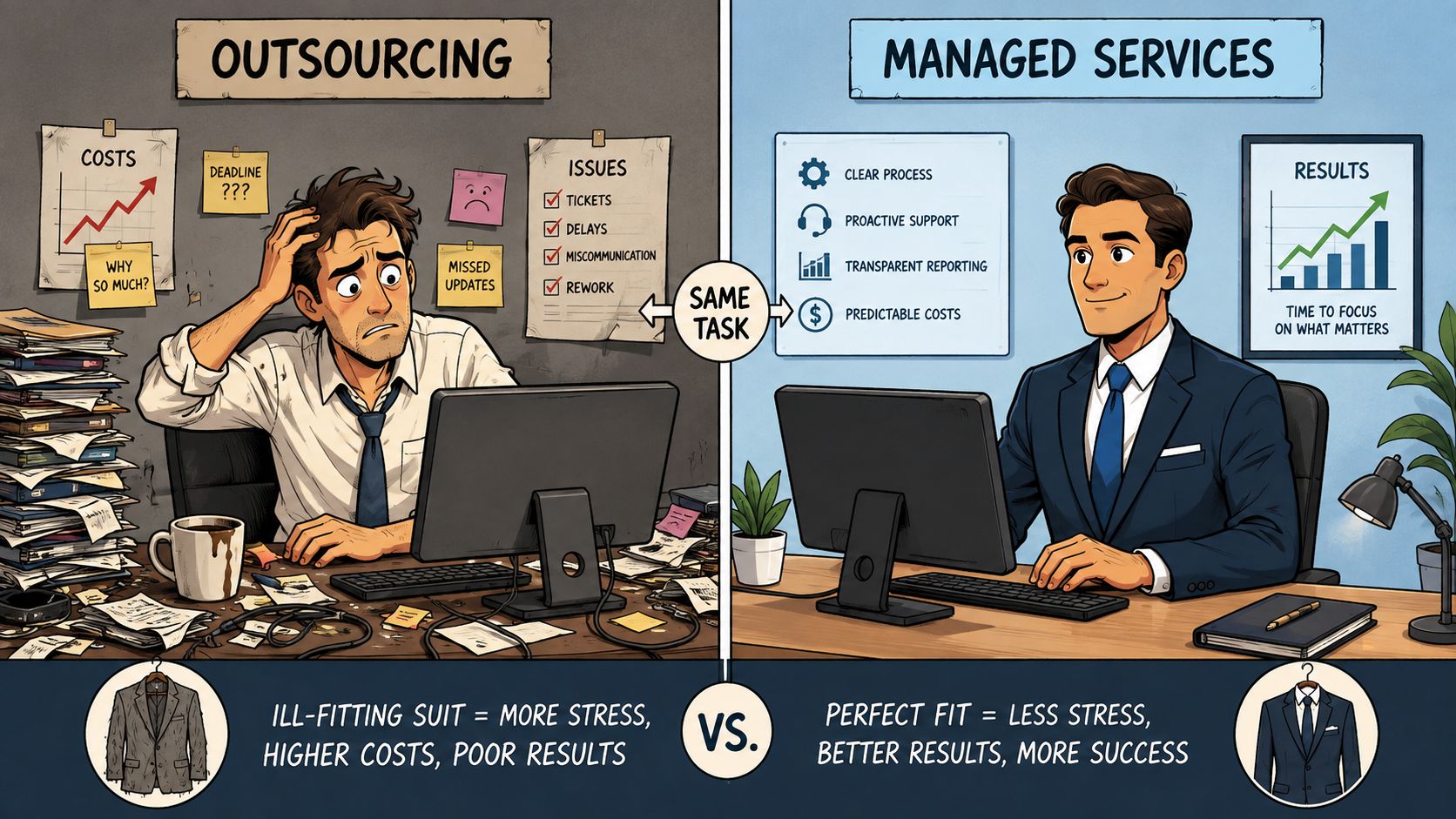 A split image comparing the stress of poor outsourcing versus the efficiency and success of managed services.