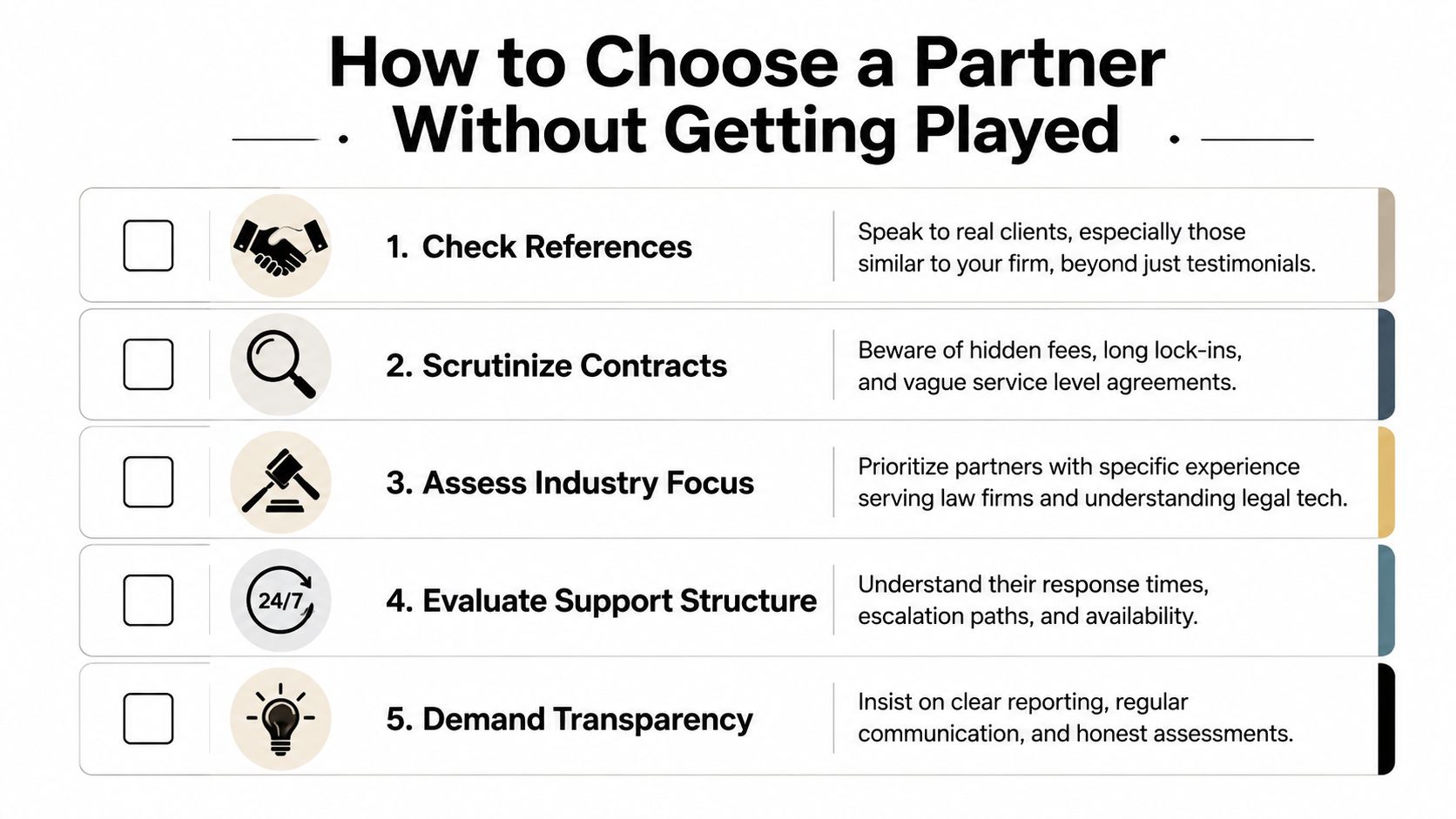 A checklist showing five essential steps to choosing a business partner without getting taken advantage of.