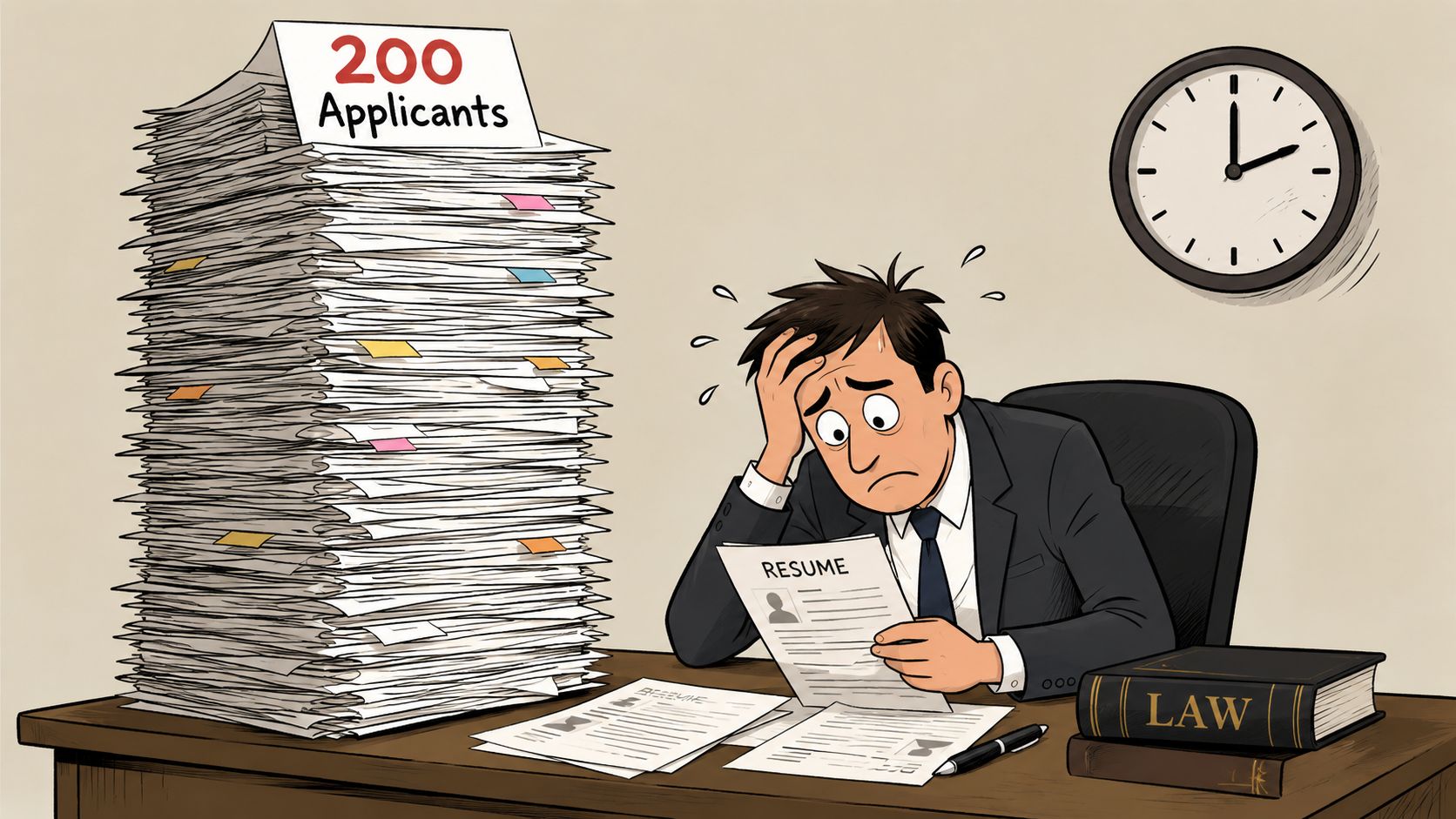 A stressed professional overwhelmed by a massive stack of 200 job applications on their desk.