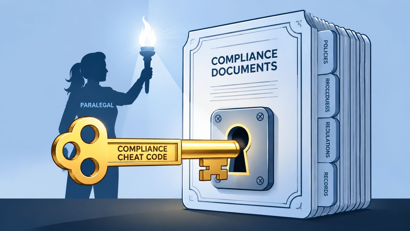 A silhouette of a paralegal holding a torch next to a large binder labeled Compliance Documents with a key.