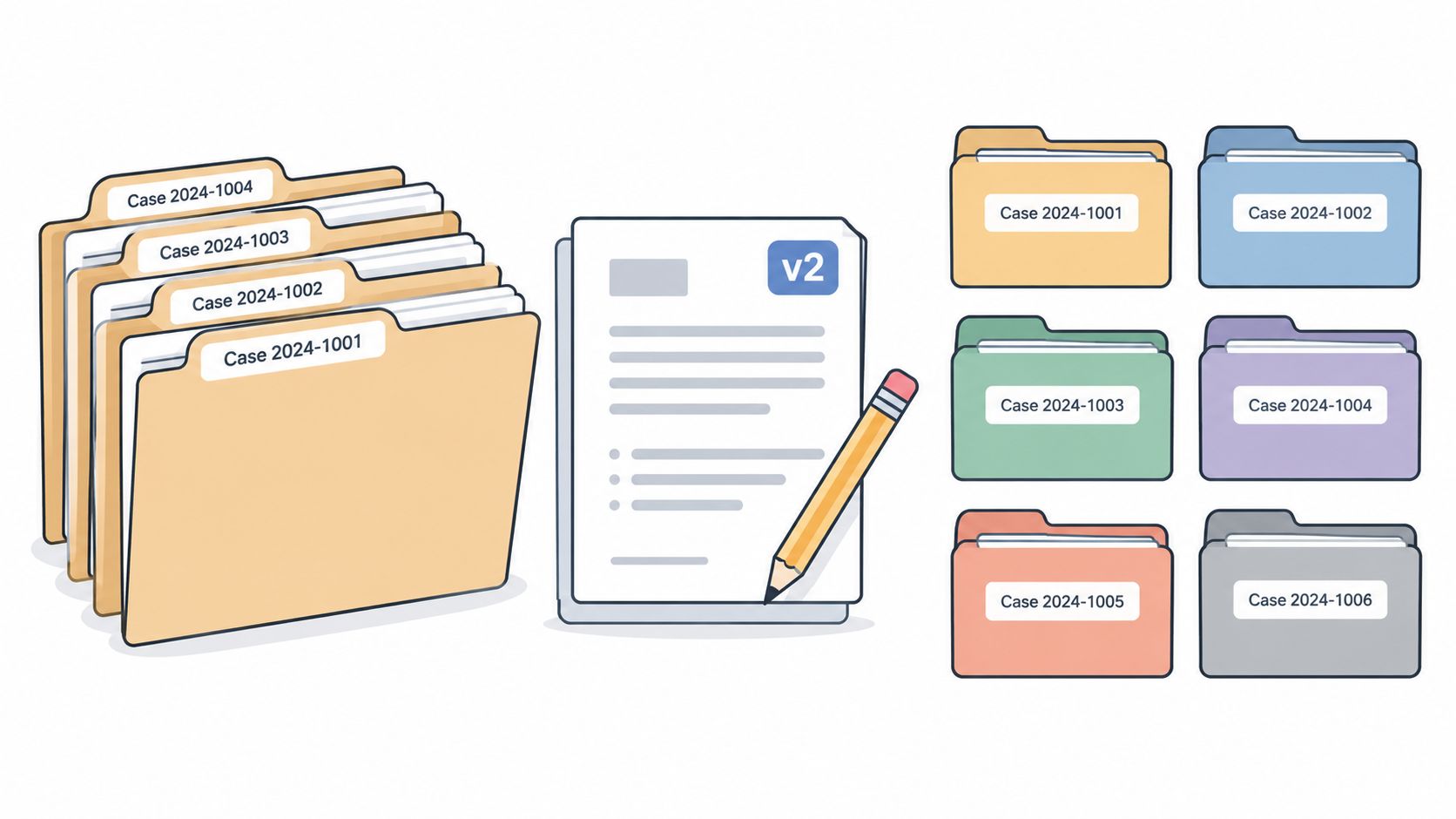 A conceptual illustration showing organized filing folders and a document with a pencil for administrative tasks.