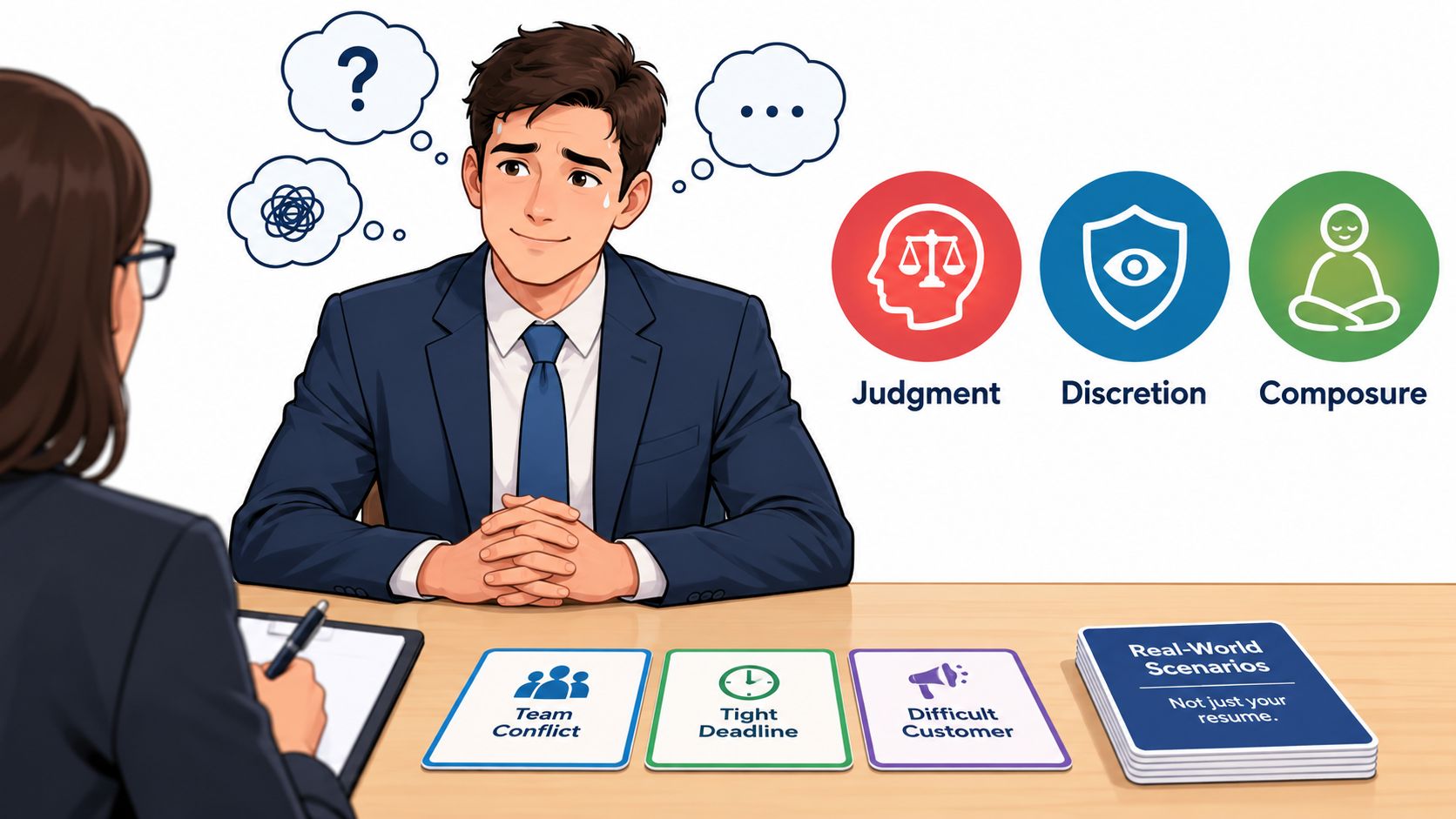 A job candidate looking nervous during an interview, with concepts like judgment, discretion, and composure displayed nearby.