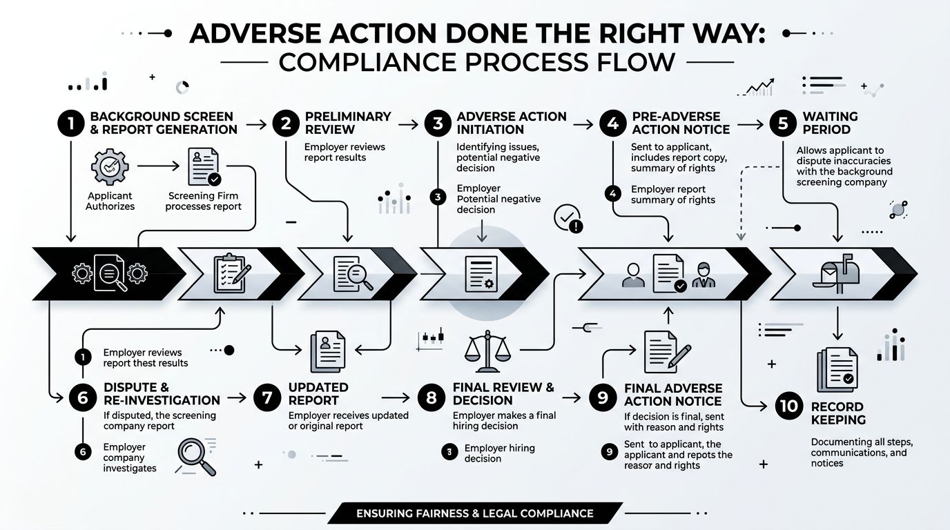 A flowchart infographic titled Adverse Action Done The Right Way detailing a ten-step employment background check process.