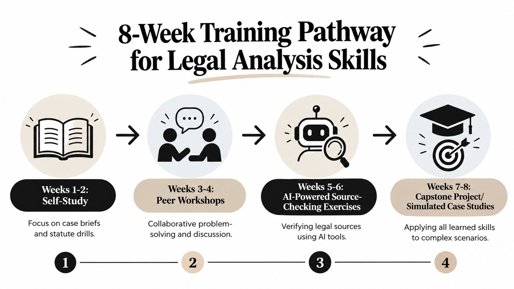 An infographic showing an 8-week training pathway for legal analysis skills, broken into four distinct progressive stages.