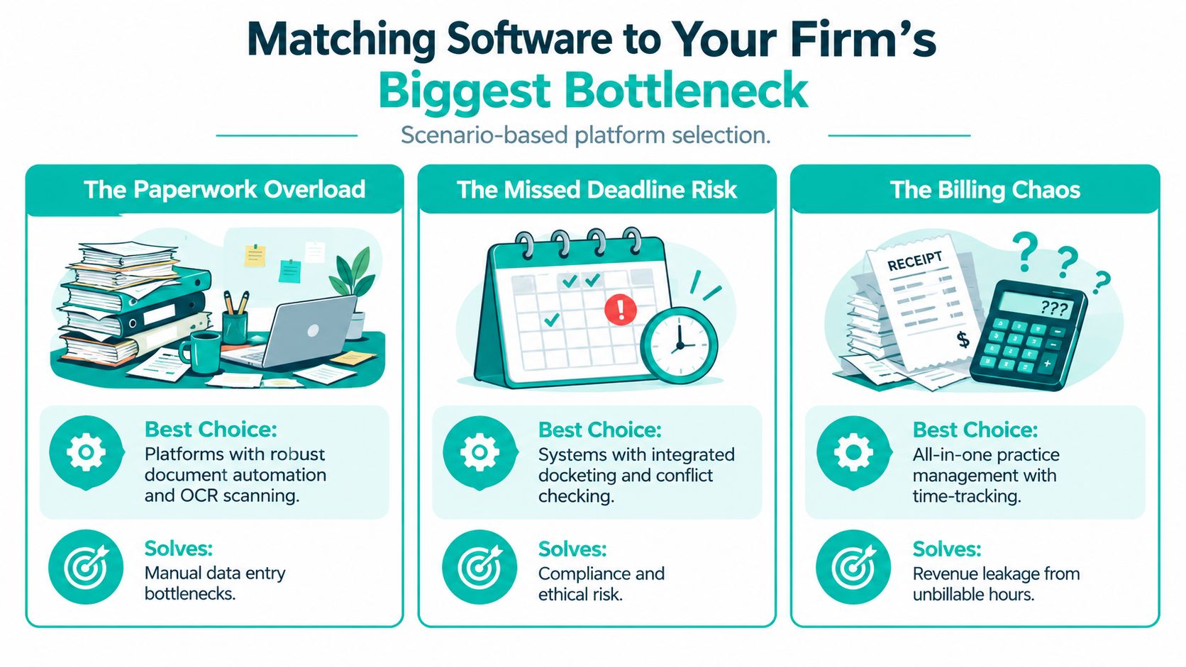 An infographic showing how to select the right legal software to solve common firm bottlenecks and operational challenges.