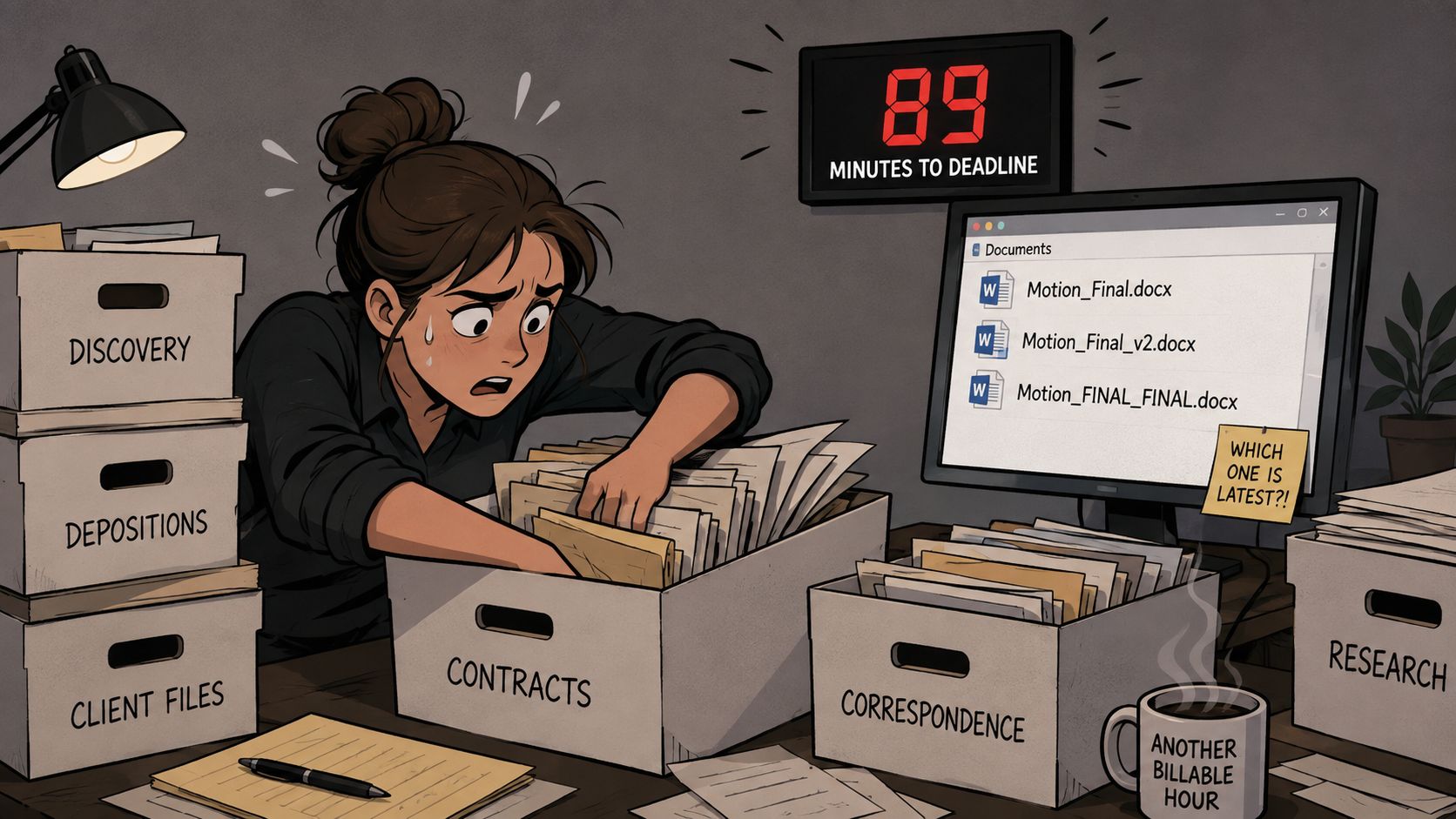 A stressed lawyer frantically searching through files while staring at a deadline on a digital timer.