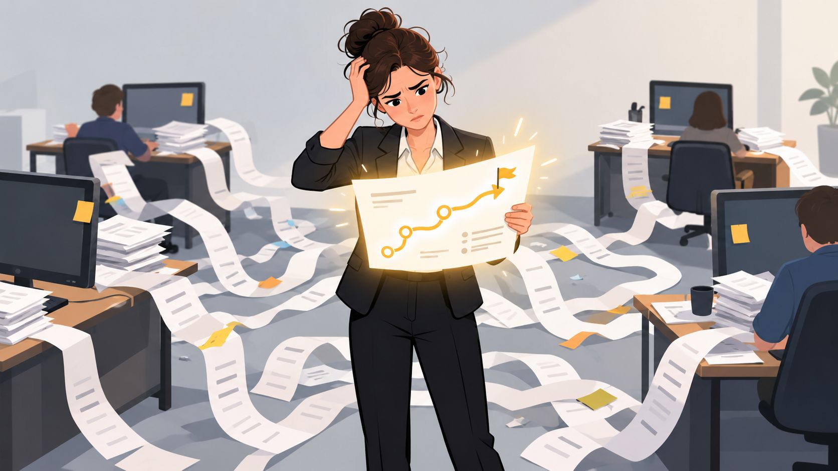 A businesswoman appearing stressed while holding a glowing chart in an office overflowing with long paper documents.