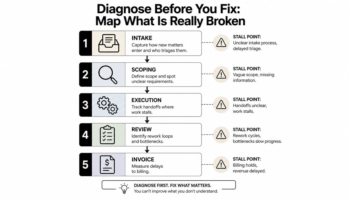 A five-step process diagram illustrating how to diagnose and improve organizational workflows by identifying key stall points.