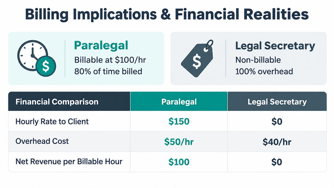 A comparison chart showing the financial differences between a paralegal and a legal secretary in billing.