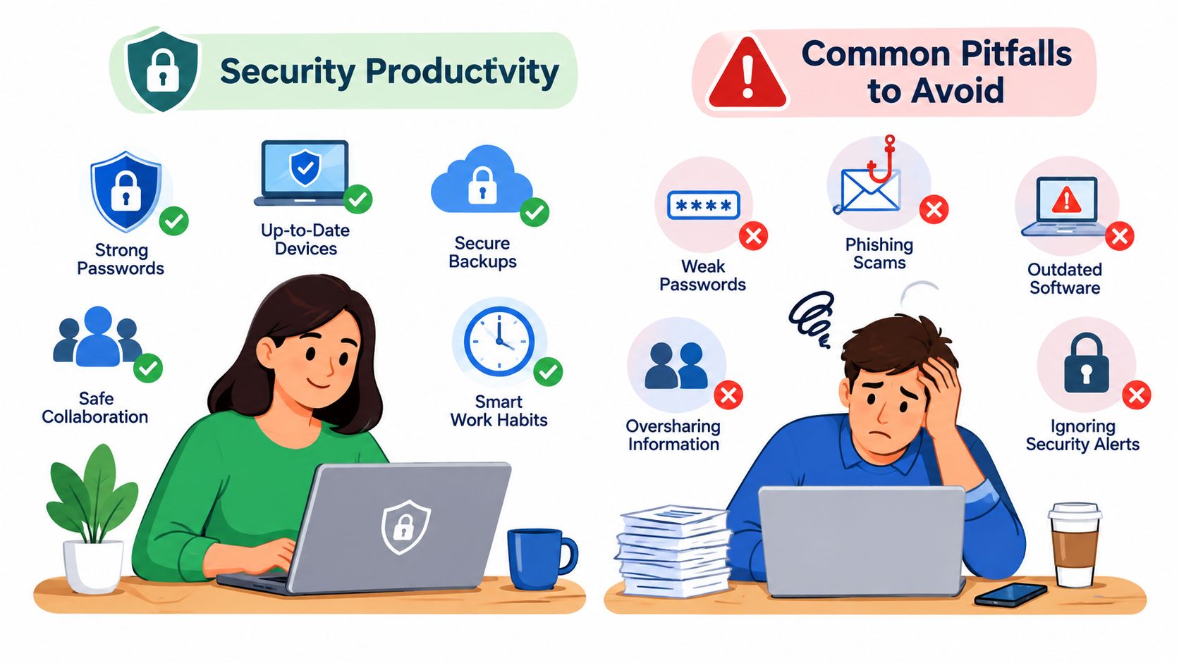 An infographic comparing secure workplace habits and common security pitfalls for remote workers using laptops.