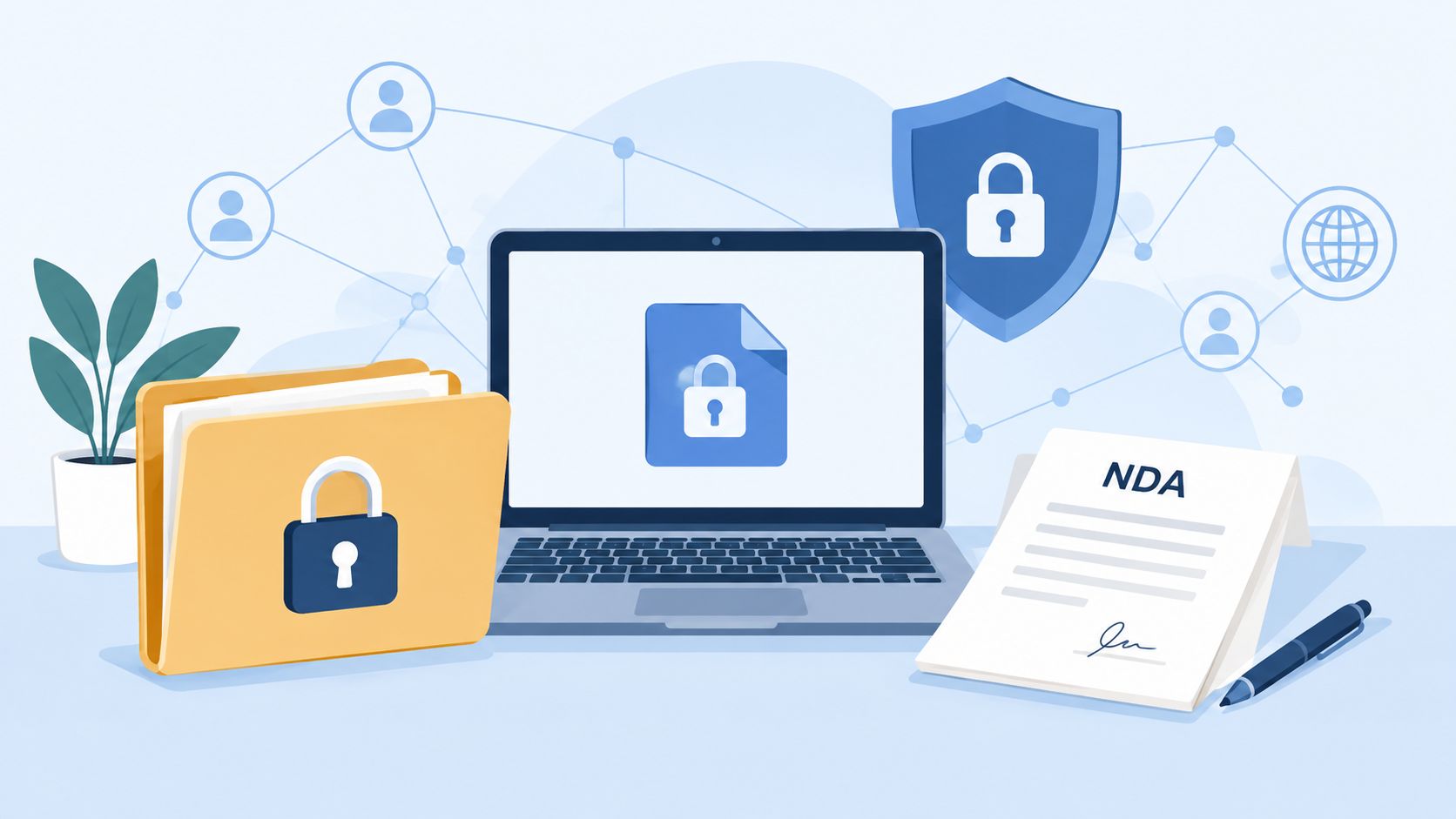 A laptop with a secure file icon, a folder with a padlock, and an NDA document on a desk.