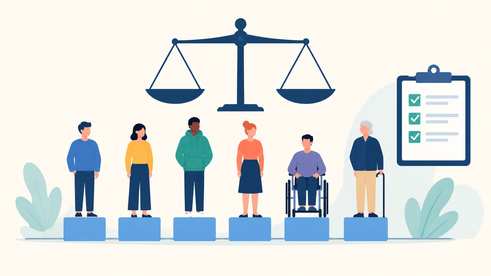 A diverse group of professionals standing on podiums beneath a scales of justice and a compliance checklist.