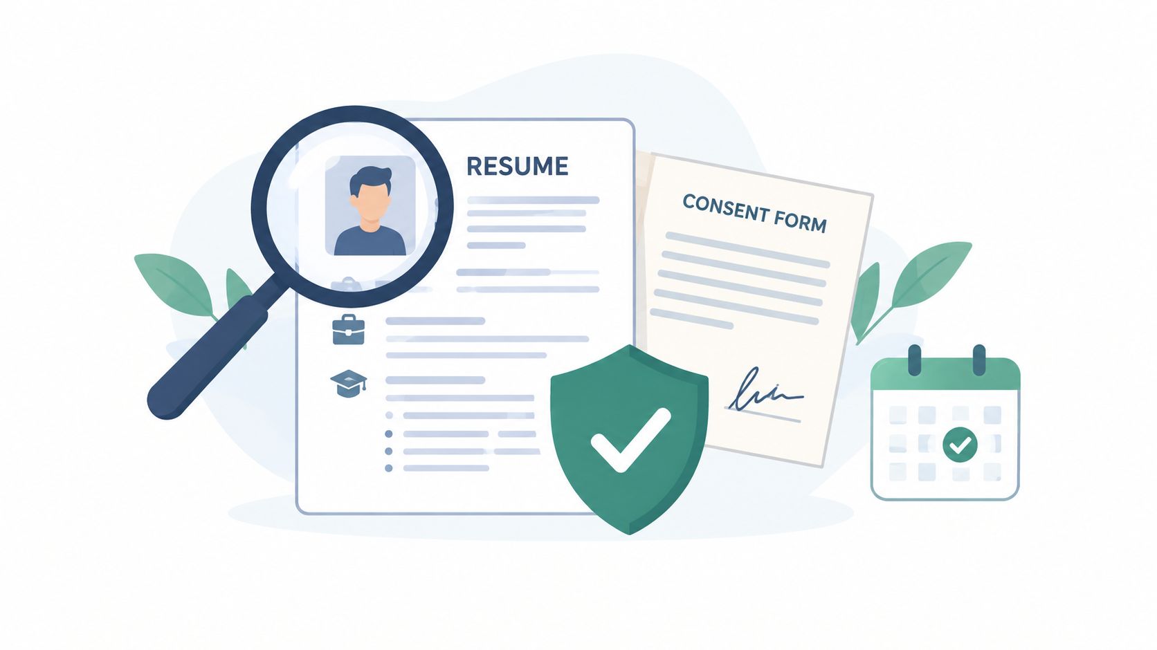 A digital illustration showing a resume, a consent form, a shield with a checkmark, and a calendar.