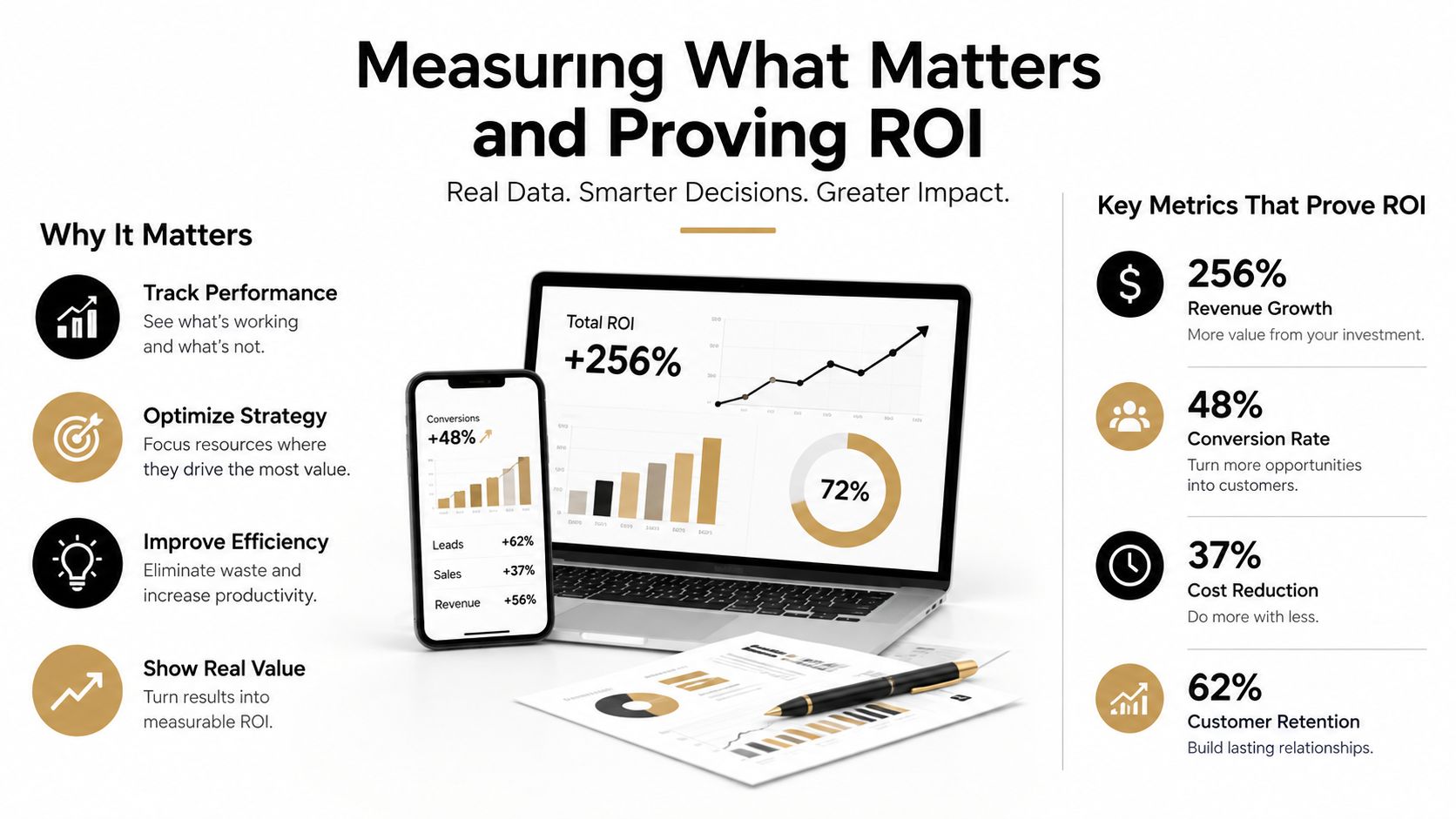 An infographic showing performance metrics, ROI statistics, and data visualization tools for business growth strategy.